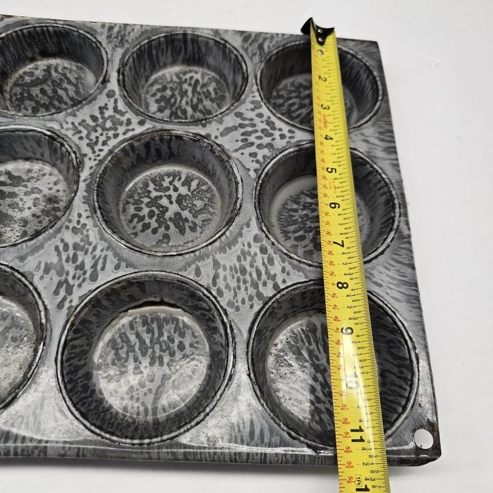 Vintage Gray Granite 9 Muffin Pan Muffins Enamel Ware Kitchen Baking Graniteware